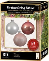 Kerstbal en piek set 91x wit-oud roze-lichtroze voor 150 cm boom - Kerstboomversiering