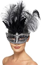 SMIFFY'S - Grijs en zwart Venetiaans masker met veren voor volwassenen