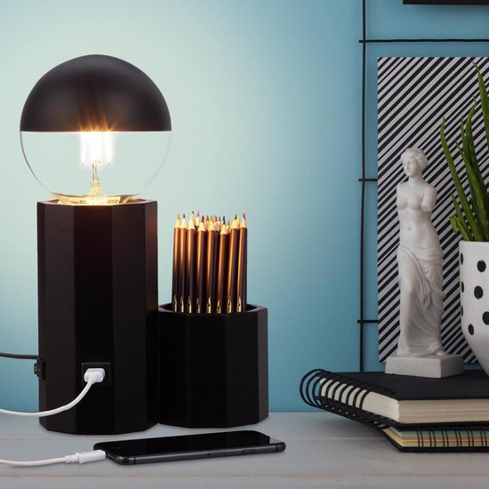 relaxdays tafellamp usb aansluiting - designerlamp - pennenbakje -  bureaulamp zwart | bol