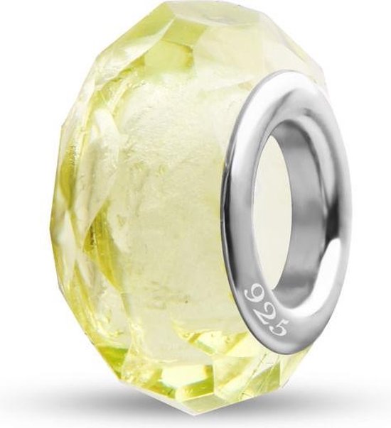Quiges - 925 - Sterling - zilver - Glazen - Kraal - Bedels - Beads - Diamantgeslepen Geel - Past op je Pandora armband GZ149
