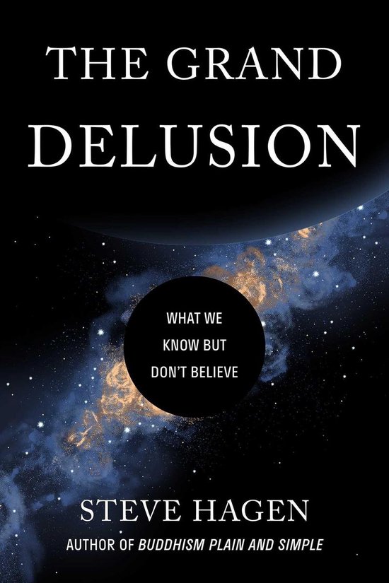 Boekhoes voor 'The Grand Delusion' door Steve Hagen. Kosmisch thema met sterrenstelsels en tekst.