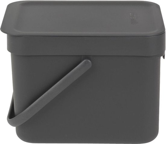 Boîte à compost Brabantia gris foncé avec couvercle et poignée de transport.