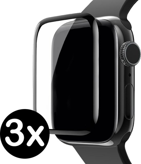 Een zwarte screenprotector wordt op een Apple Watch geplaatst. "3x" staat in een cirkel.