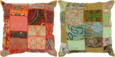 Kussens patchwork handgemaakt 45x45 cm oranje/groen 2 st