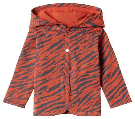 Oranje vest met capuchon en donkergrijs tijgerprint. Knoopsluiting aan de voorzijde.