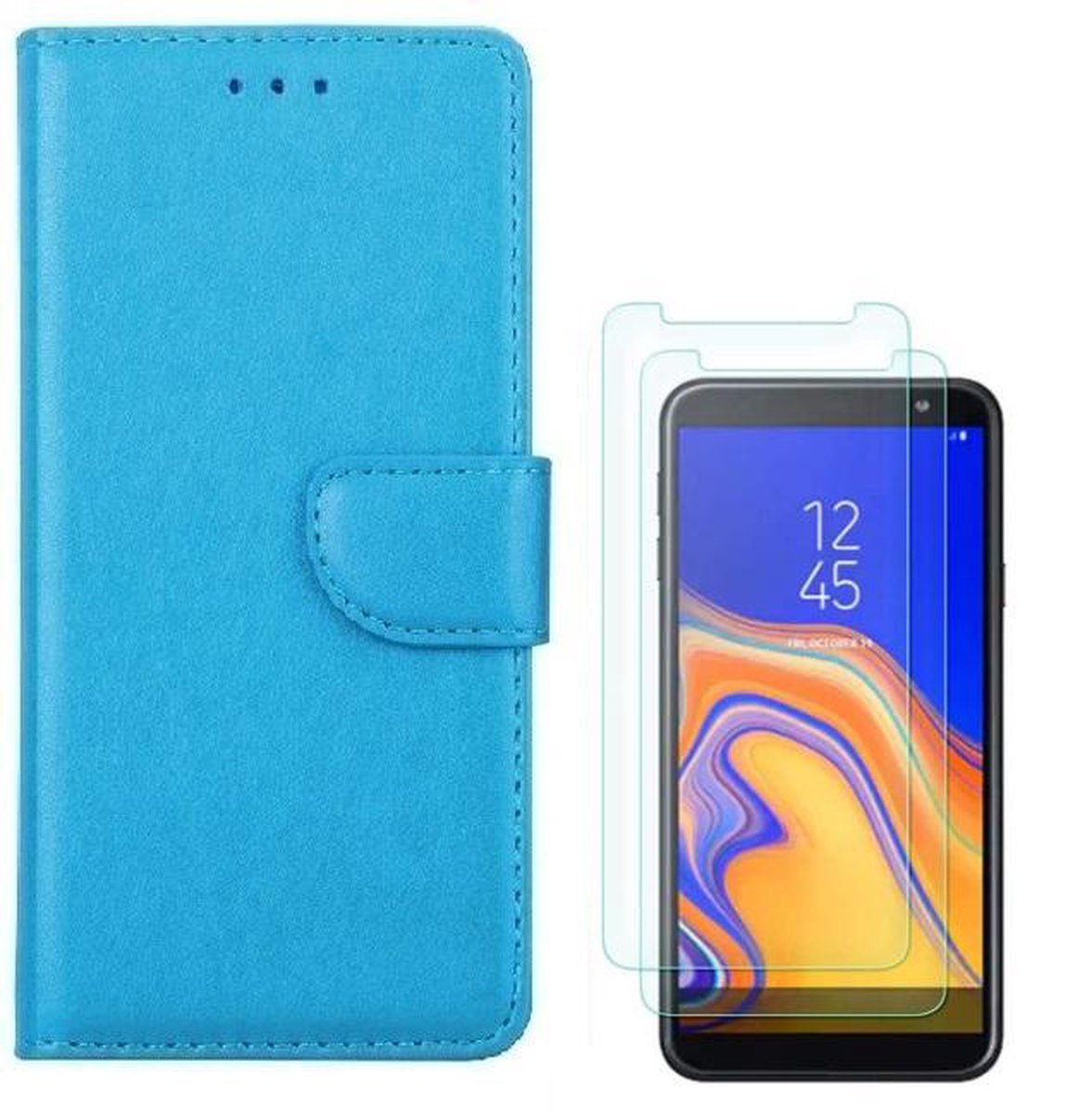 hoesje Geschikt voor: Samsung Galaxy J4 2018 Portemonnee Turquoise met 2 stuks Glas Screen protector