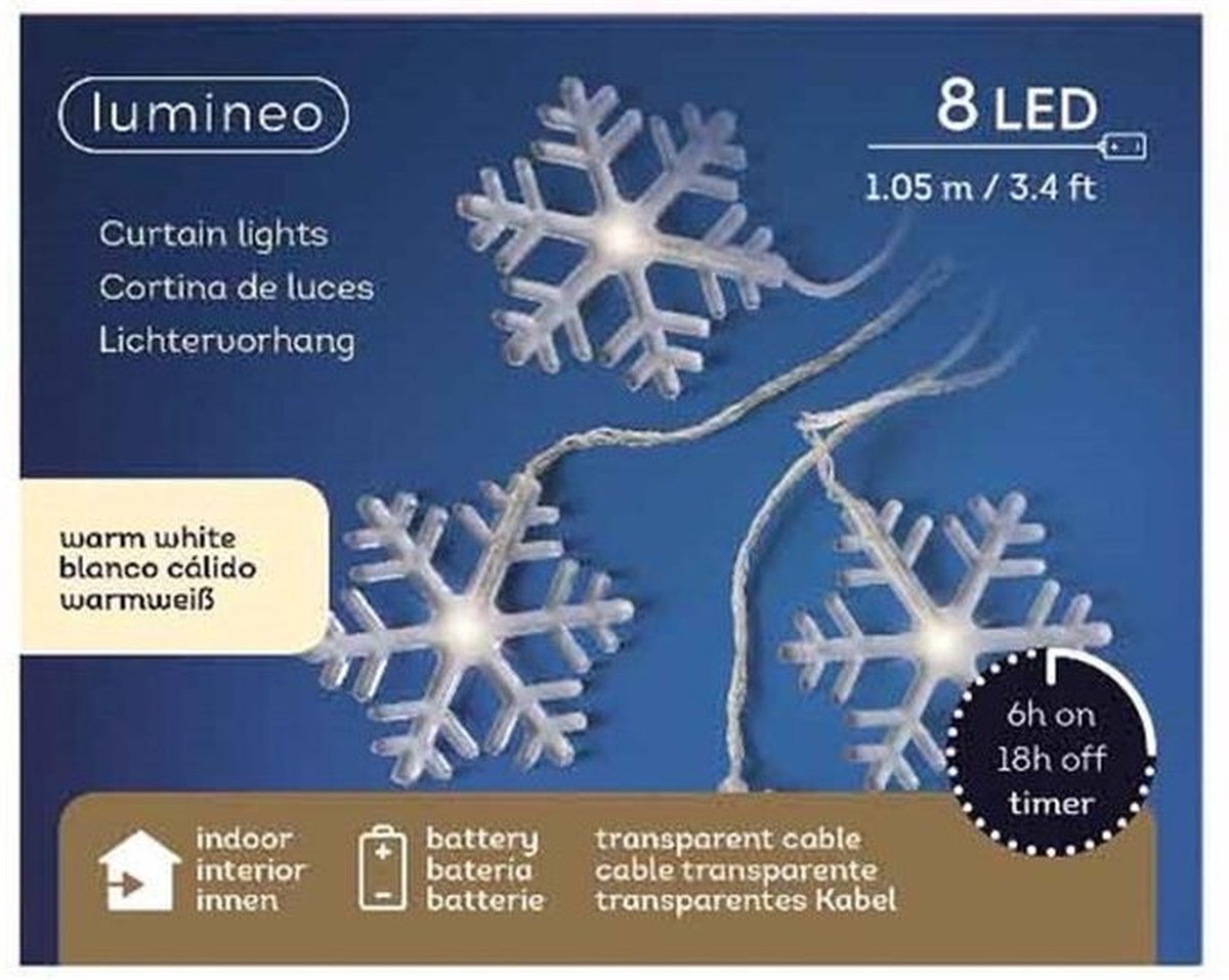 Kerstverlichting sneeuwvlok lichtsnoer warm wit op batterij 105 cm