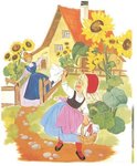Een meisje met rode kap draagt een mandje, haar oma wuift vanuit een huis met zonnebloemen.