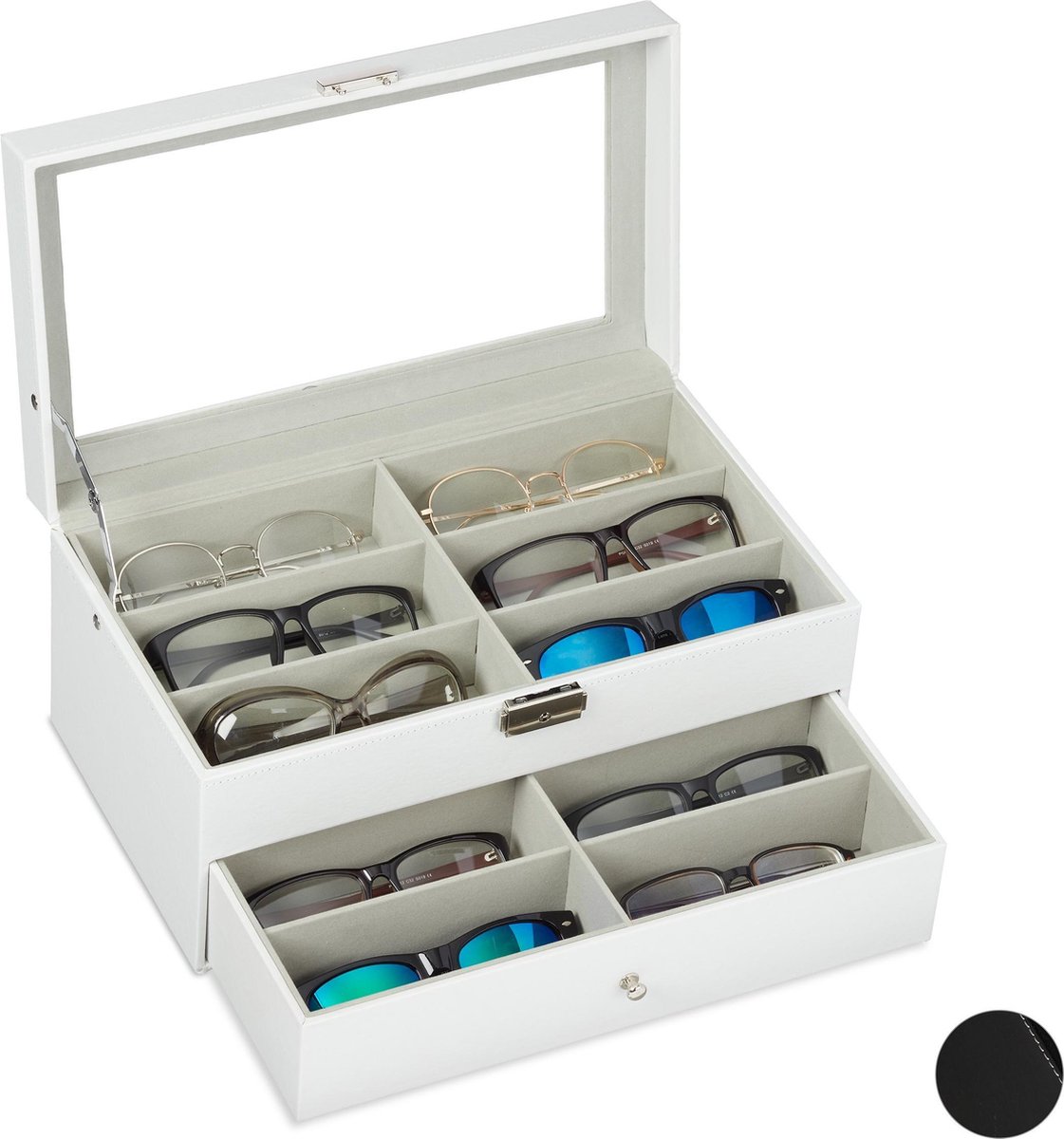 Relaxdays brillendoos voor 12 brillen - brillen opbergdoos - brillen display - met lade - wit