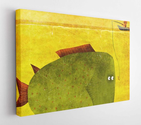 Een geweldige kaart: een grappige vissende kat in een boot en een echt enorme vis op de zonnige gele achtergrond - Modern Art Canvas - Horizontaal - 545808751 - 40*30 Horizontal