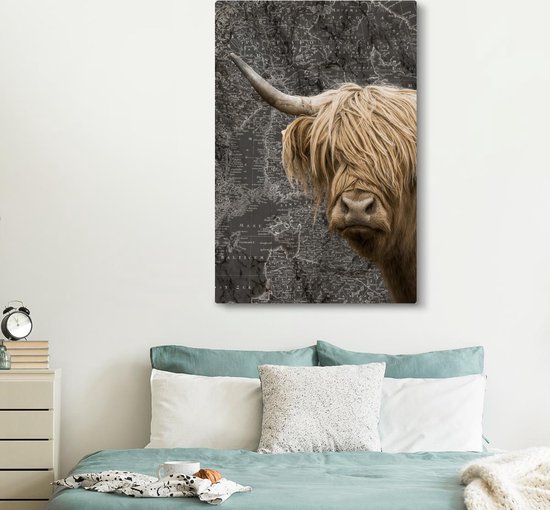 Décoration murale - Highlander écossais - Vaches - Carte du Wereldkaart - Peinture sur toile - 120x180 cm