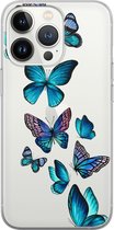 iPhone 13 Pro hoesje siliconen - Vlinders blauw - Soft Case Telefoonhoesje - Print / Illustratie - Transparant, Transparant, Blauw