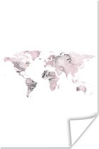 Poster Wereldkaart - Roze - Grijs - Verf - 20x30 cm