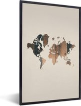 Affiche avec cadre Carte du Wereldkaart - Planche de bois - Marron - 40x60 cm