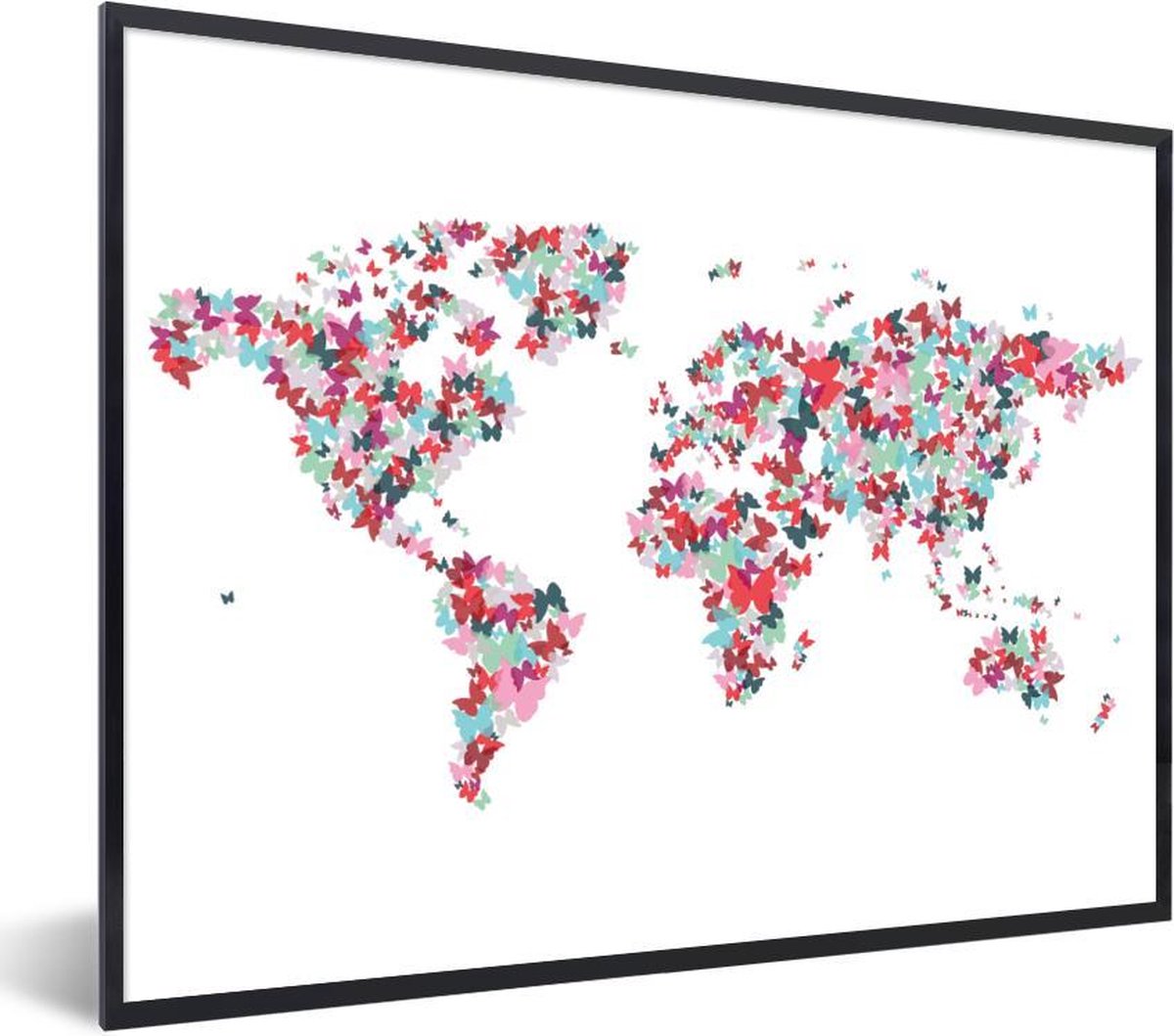Afbeelding van product PosterMonkey  Poster met lijst Wereldkaart - Vlinders - Kleuren - 80x60 cm