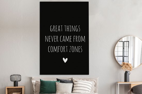 Tableau sur toile Citation anglaise De grandes choses ne sont jamais venues des zones de confort sur fond noir - 120x180 cm - Décoration murale XXL