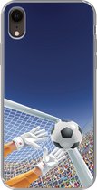 Geschikt voor iPhone XR hoesje - Een illustratie van een keeper die de voetbal tegenhoudt - Jongetje - Meisjes - Kind - Siliconen Telefoonhoesje