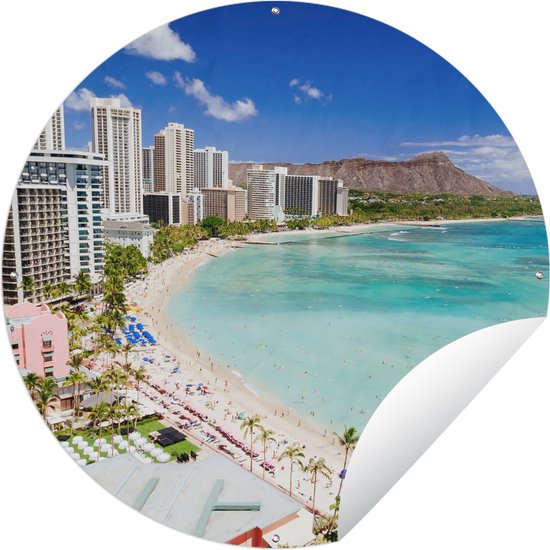 Tuincirkel Het Waikikistrand voor de kust van Honolulu op Hawaii - 90x90 cm - Ronde Tuinposter - Buiten