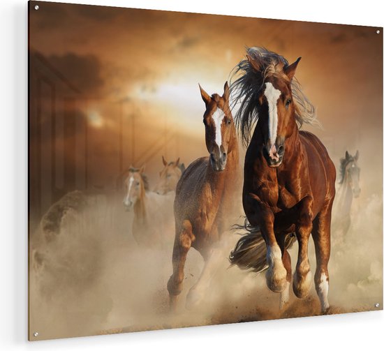 Artaza Glasschilderij - Wilde Paarden In Het Zand - 100x75 - Groot - Plexiglas Schilderij - Foto op Glas
