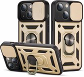 Hoesje Geschikt voor iPhone 13 Hoesje met Camera Bescherming Goud - Hoesje Geschikt voor iPhone 13 met ring houder Rugged Armor Back Cover - Case - Camera Schuif