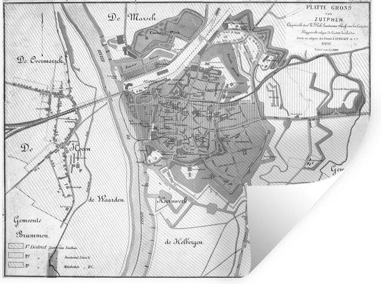 Muurstickers - Sticker Folie - Historische plattegrond van de stad Zutphen - zwart wit - 40x30 cm - Plakfolie - Muurstickers Kinderkamer - Zelfklevend Behang - Stadskaart - Zelfklevend behangpapier - Stickerfolie