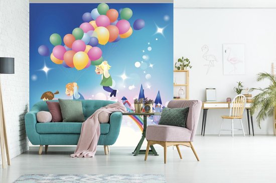 Papier peint photo vinyle - Une illustration d'une fille avec des ballons aux couleurs de l'arc-en-ciel largeur 350 cm x hauteur 350 cm - Tirage photo sur papier peint (disponible en 7 tailles)