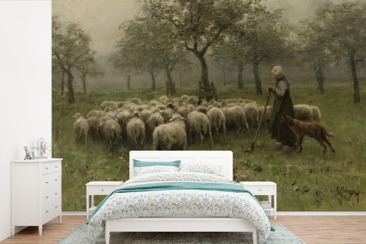 Behang - Fotobehang Herderin met kudde schapen - Schilderij van Anton Mauve - Breedte 525 cm x hoogte 350 cm