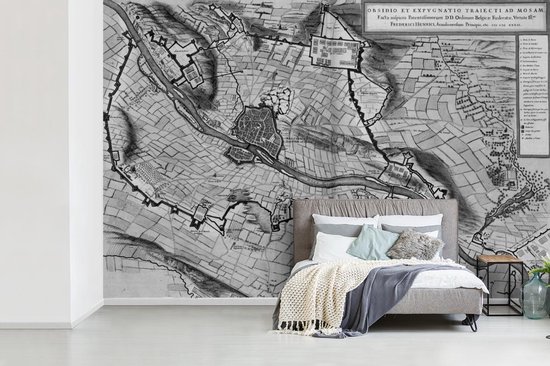 Papier peint photo en vinyle - Plan historique de la ville de Maastricht en noir et blanc - Plan d'étage largeur 525 cm x hauteur 350 cm - Tirage photo sur papier peint (disponible en 7 tailles)