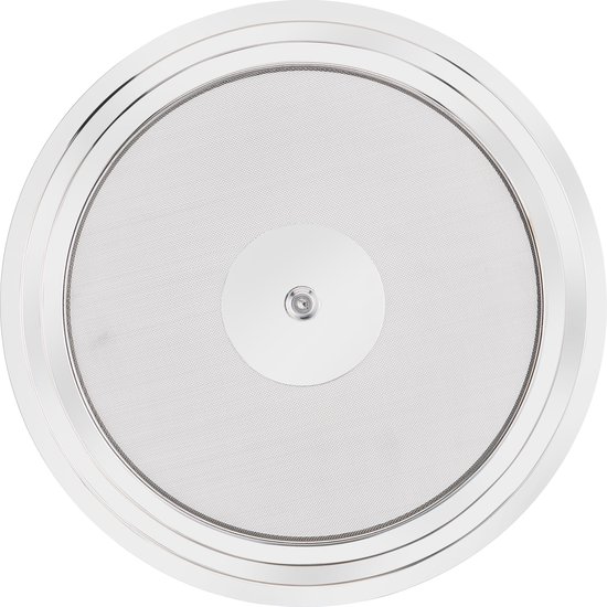 Zilverkleurig Tefal anti-spat deksel met een fijnmazig gaas en een rond metalen handvat in het midden.