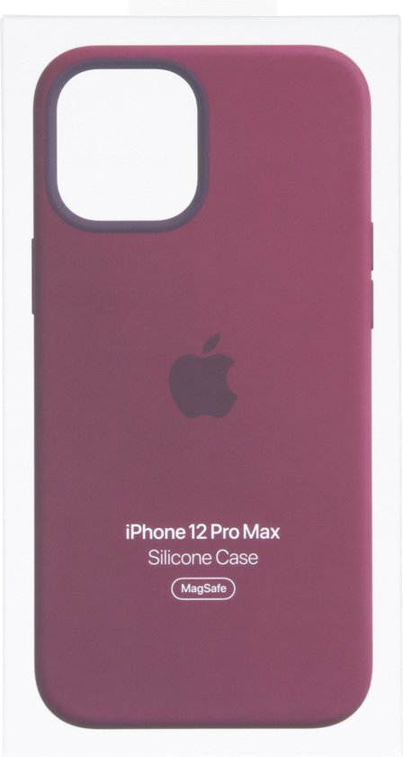 Pruimenpaarse iPhone 12 Pro Max MagSafe siliconen hoes in verpakking.