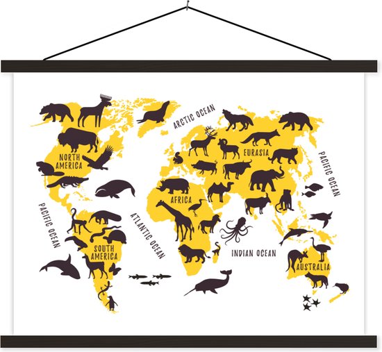 Décoration murale - Carte du Wereldkaart - Animaux - Jaune - Affiche scolaire - 40x30 cm