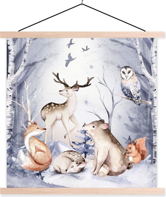 Posterhanger incl. Poster 60x60 cm - Schoolplaat - Bos - Winter - Kerst - Textielposter - Blanke latten