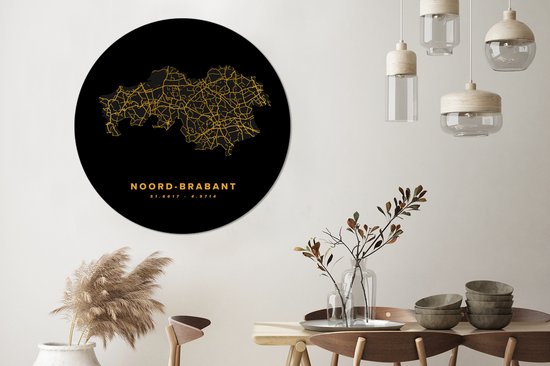 WallCircle - Wandcirkel ⌀ 120 - Noord-Brabant - Nederland - Wegenkaart - Gold - Ronde schilderijen woonkamer - Wandbord rond - Muurdecoratie cirkel - Kamer decoratie binnen - Wanddecoratie muurcirkel - Woonaccessoires XXL