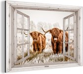 Wanddecoratie Metaal - Aluminium Schilderij Industrieel - Doorkijk - Schotse hooglander - Dieren - 150x100 cm - Dibond - Foto op aluminium - Industriële muurdecoratie - Voor de woonkamer/slaapkamer