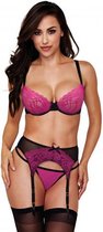 Baci - 3-Delige Jarretel Set - Roze/Zwart - Sexy Lingerie & Kleding - Lingerie Dames - Dames Lingerie - Jarretel Setjes