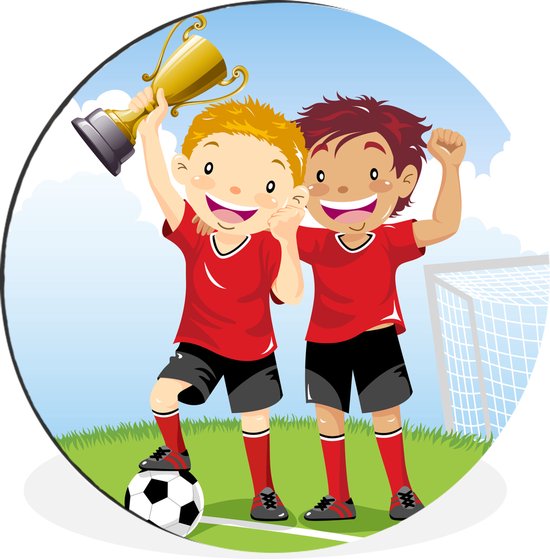 WallCircle - Wandcirkel - Muurcirkel - Een illustratie van twee voetballers die een prijs hebben gewonnen - Jongens - Meisjes - Kind - Aluminium - Dibond - ⌀ 90 cm - Binnen en Buiten