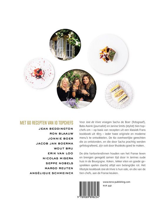 Boek "Joie De Vivre" met recepten, foto's van gerechten, twee desserts en een afbeelding van drie vrouwen.
