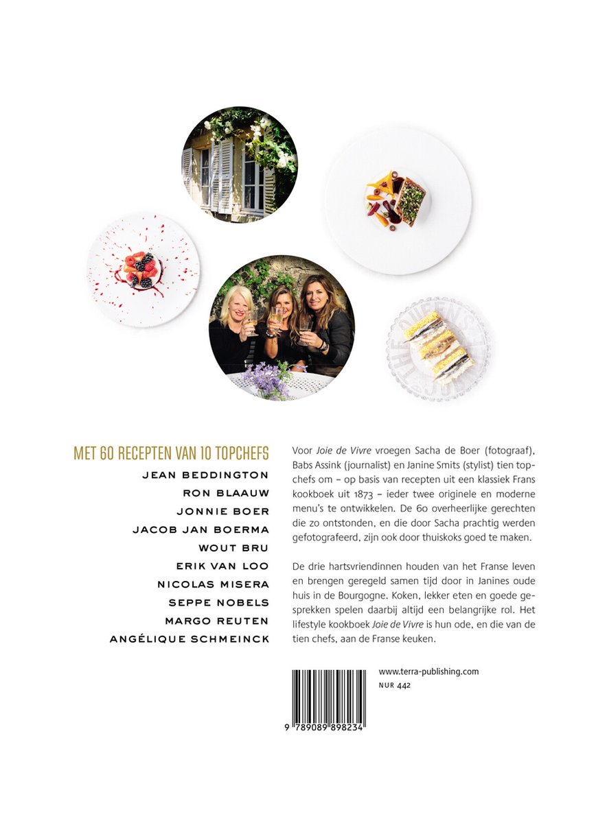 Boek "Joie De Vivre" met recepten, foto's van gerechten, twee desserts en een afbeelding van drie vrouwen.