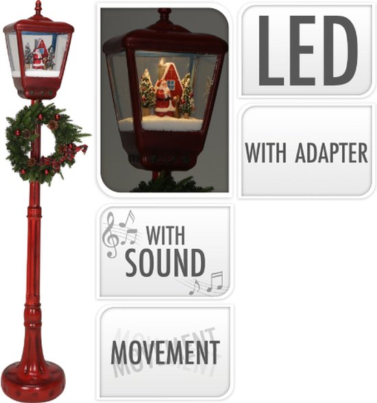Rode Kerst Lantaarnpaal met Licht en Geluid 188 cm bol