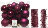 Kerstversiering kunststof kerstballen 6-8-10 cm met folieslingers pakket framboos roze van 28x stuks - Kerstboomversiering