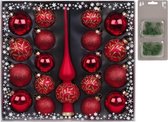 Kerstboom versiering set 19-delig met glazen kerstballen en piek rood - Inclusief 40x groene kerstbalhaakjes