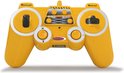 Gele afstandsbediening met joysticks en knoppen.