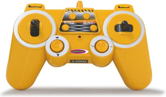 Gele afstandsbediening met joysticks en knoppen.