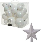 Kerstversiering kunststof kerstballen parelmoer wit 6-8-10 cm pakket van 27x stuks - Met kunststof ster piek van 19 cm