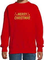 Merry Christmas Kerst sweater / trui - rood met gouden glitter bedrukking - kinderen - Kerst sweater / Kerst outfit 3-4 jaar (98/104)