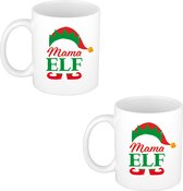 2x stuks cadeau kerstmok Mama Elf - 300 ml - keramiek - koffiemok / theebeker - Kerstmis - kerstcadeau Mama / moeder