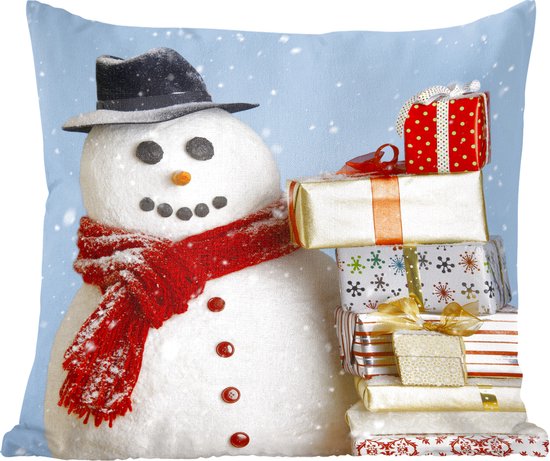 Sierkussens - Kussentjes Woonkamer - 40x40 cm - Een sneeuwpop met kerstcadeautjes - Kerstversiering - Kerstdecoratie voor binnen - Woonkamer