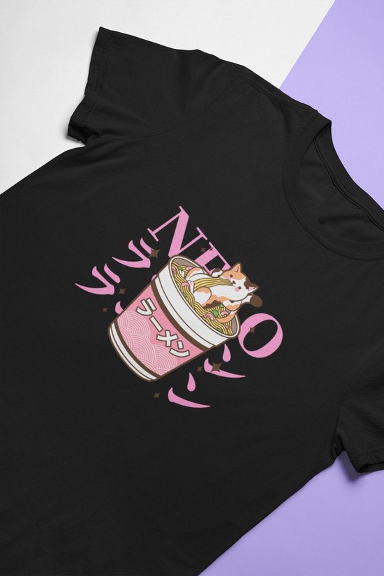 Cats Cup Noodles T-Shirt | Japanese Kawaii Food | Neko | Anime Merchandise | Unisex Maat S Zwart