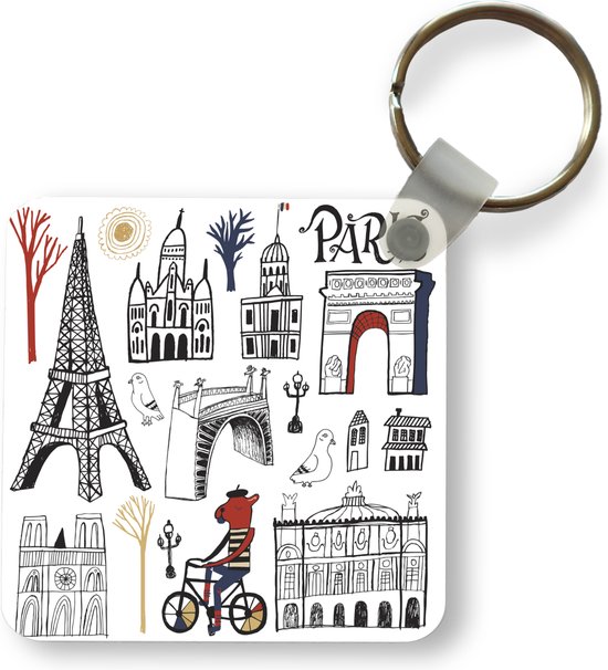 Porte-clés illustration de Paris - Une illustration artistique des sites touristiques de Paris porte-clés en plastique - porte-clés carré avec photo