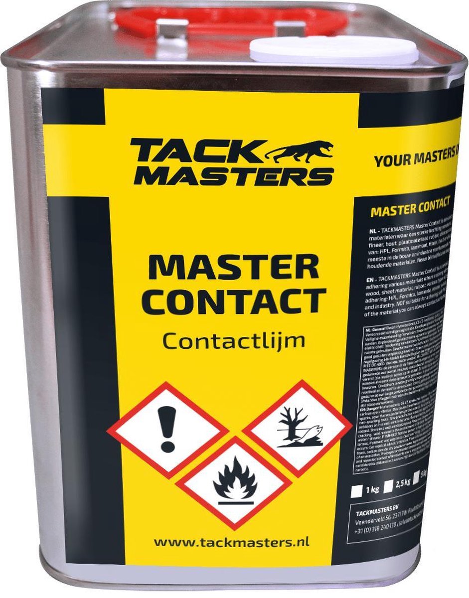 Tackmasters - Master Contact - 2,5 Liter Blik - Lijm - Contactlijm - Plaatmateriaal verlijmen - Houtlijm - Metaallijm - Beton verlijmen - HPL Lijm - MDF Lijm - PVC Lijm - 3,5 m2 per Liter - 8,75 m2 met 2,5 Liter - Dubbelzijdig gelijmd